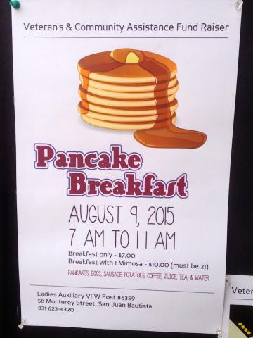 Flier announcing the pancake breakfast hosted by the Ladies Auxiliary VFW Post 6359.